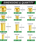 Brass Compression Sleeve Kit With 460 Pieces Ferrules Inserts Fittings Assortment dimensions chart for various sizes of sleeves and inserts.
