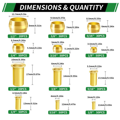 Brass Compression Sleeve Kit With 460 Pieces Ferrules Inserts Fittings Assortment dimensions chart for various sizes of sleeves and inserts.