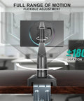 Single Monitor Arm Mount For 13 To 34 Inch Screens, Adjustable Desk Mount with 180-degree rotation feature displayed.