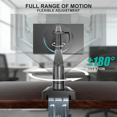 Single Monitor Arm Mount For 13 To 34 Inch Screens, Adjustable Desk Mount with 180-degree rotation feature displayed.