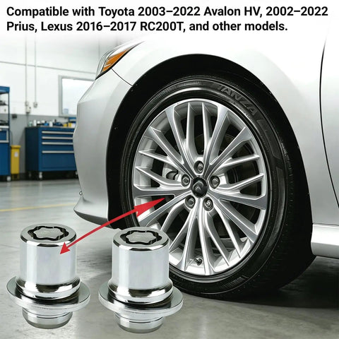 Beefy Anti Theft Wheel Lock Lug Nuts, M12 X 1.5 Chrome Plated security fasteners on Toyota Camry wheel in garage.