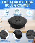 2 Pack 3.5 Inch Desk Grommets Black ABS Hole Covers on a desk, showcasing durable and flexible design for cord management.