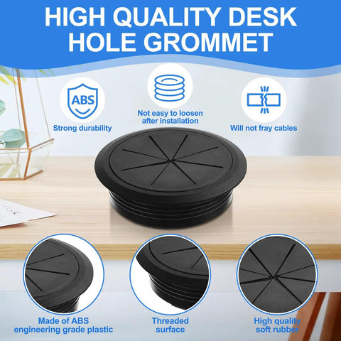 2 Pack 3.5 Inch Desk Grommets Black ABS Hole Covers on a desk, showcasing durable and flexible design for cord management.
