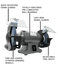 Hardcore 10 Inch Bench Grinder With Dual 24 And 46 Grit Coarse Vitrified Wheels Paired With A Rock Solid Metalworking Stand showing spark guards and tool rests.