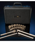 Rock Solid Heavy Duty Non Sparking Socket Wrench Set 1/4 Inch Drive SAE Standard 12 Piece Kit displayed in a black case with sockets.