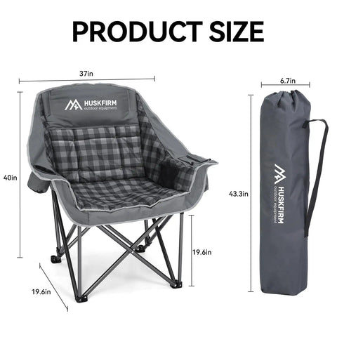 Two Pack Oversized Heavy Duty Camping Chairs Padded And Foldable With Cup Holder And Cooler Bag Portable Lawn Chairs For Sports And Outdoors Supports Up To 450 Lbs Grey showing dimensions and carry bag