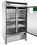Pro Level Commercial Reach In Freezer With A Rock Solid Bottom Mount Compressor For Quick Service In Sweltering Prep Zones, silver, double-door, spacious interior.
