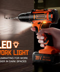 20V Cordless Drill Set for Home DIY with LED light drilling into wood, highlighting Three Eighth Inch Keyless Chuck