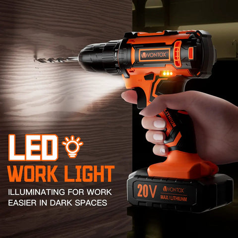 20V Cordless Drill Set for Home DIY with LED light drilling into wood, highlighting Three Eighth Inch Keyless Chuck