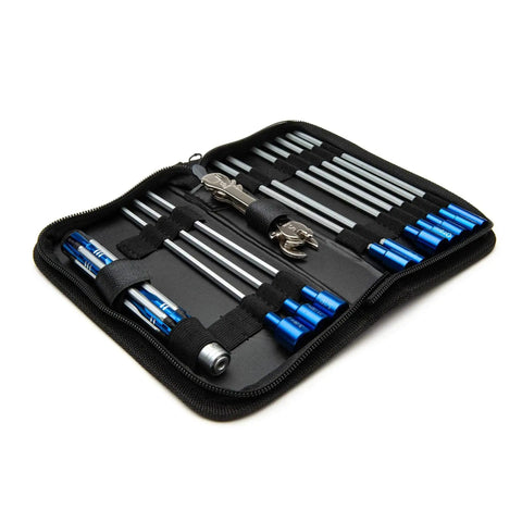 Pro Grade Do It All RC Tool Set For Air And Surface Startups With aluminum handle in zippered case showing tools and accessories.
