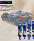 One Tenth Scale RC Car Front And Rear Shock Absorber Set For Beefed Up Four Wheel Drive 4x4 RC Trucks Upgrade Replacement Parts Blue 5862 Compatible With Slash Rustler Stampede And More showing blue alloy shocks with RC truck in background
