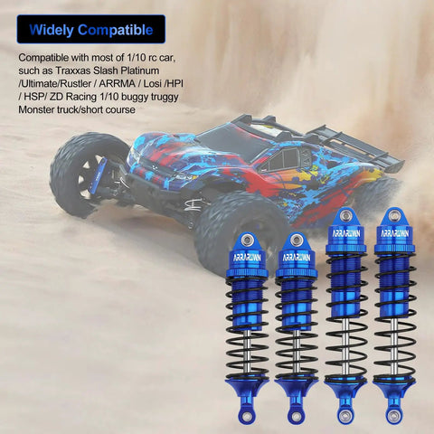 One Tenth Scale RC Car Front And Rear Shock Absorber Set For Beefed Up Four Wheel Drive 4x4 RC Trucks Upgrade Replacement Parts Blue 5862 Compatible With Slash Rustler Stampede And More showing blue alloy shocks with RC truck in background