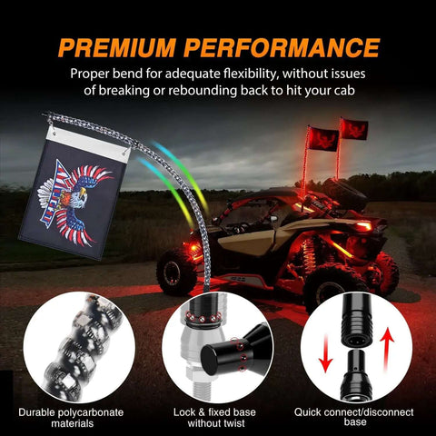 Lit 3Ft RGB LED Whip Light And Four Pack Rock Lights Kit installed on ATV at dusk showing chasing patterns and flags
