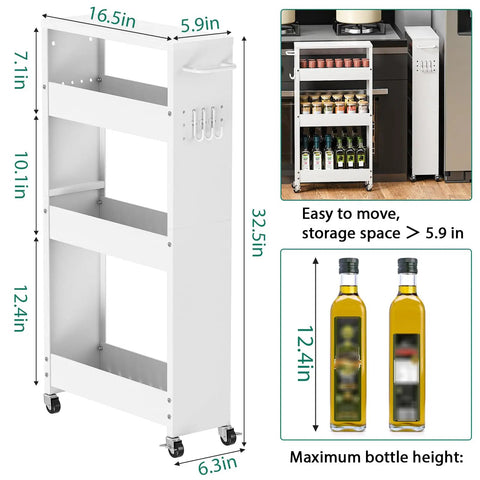 Slim 4 Tier Rolling Storage Cart For Tiny Spaces Space Saver Narrow Metal Utility Cart On Wheels With Handle, white, 5.9 inches wide.