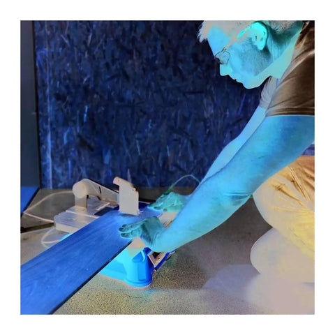 Hella Portable Electric Table Saw Compact Desktop Build Heavy Duty Steel Rip Fence Adjustable Miter Gauge in use, cutting wood.