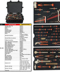 85 Piece Non Sparking Tool Set Featuring Tweezers Adjustable Wrench Hammer Putty Knife Pliers Screwdrivers Chisel Scissors Hacksaw Frame And Blade Beryllium Copper Non Magnetic Corrosion Resistant DIN Standard BAM Certified For Safe Use in open case with tools organized.