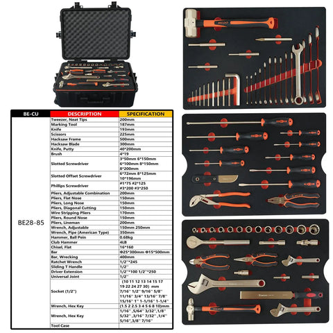 85 Piece Non Sparking Tool Set Featuring Tweezers Adjustable Wrench Hammer Putty Knife Pliers Screwdrivers Chisel Scissors Hacksaw Frame And Blade Beryllium Copper Non Magnetic Corrosion Resistant DIN Standard BAM Certified For Safe Use in open case with tools organized.