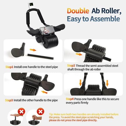 Assembly guide for the 2026 Ab Roller with Timer and Knee Mat, Automatic Rebound Abdominal Wheel with Elbow Support, detailed steps shown