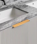 Brushed Gold Aluminum Alloy Concealed Drawer Pulls 2 Pack For Cabinets And Doors, 80mm flat finger pull installed on gray cabinet