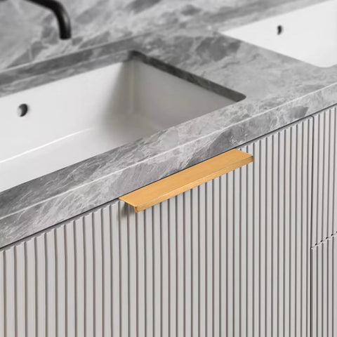 Brushed Gold Aluminum Alloy Concealed Drawer Pulls 2 Pack For Cabinets And Doors, 80mm flat finger pull installed on gray cabinet