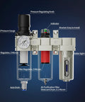 Badass High Flow 3/4 Inch NPT Air Compressor Dryer System With Three Stage Coalescing Filtration And Water Separator Regulator close-up with gauges.