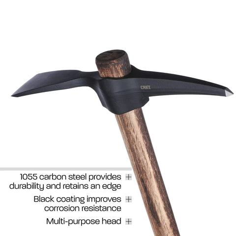 Chogan Mattock Outdoor Survival Axe With 1055 Carbon Steel Plain Edge Blade And Tennessee Hickory Handle, black coating visible