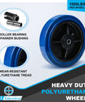 8 Inch Heavy Duty Polyurethane Caster Wheels 1000 Pound Load Capacity 4 Pack showing roller bearing and wear-resistant tread details.