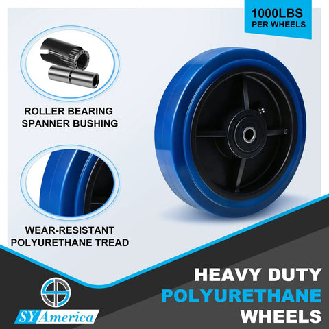 8 Inch Heavy Duty Polyurethane Caster Wheels 1000 Pound Load Capacity 4 Pack showing roller bearing and wear-resistant tread details.