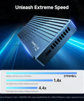 Blazing 40Gbps M.2 NVMe SSD Enclosure With Active Cooling showing speed metrics and sleek design, perfect for fast file transfers.