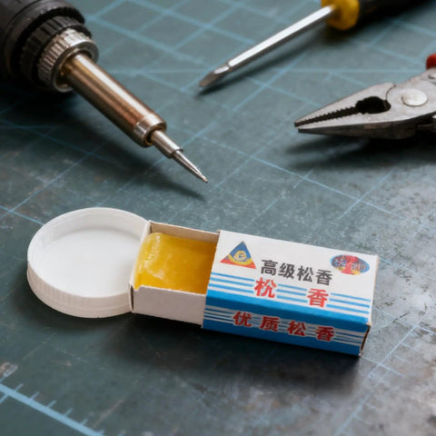 Rosin Flux Soldering Paste Dope 10 Piece High Purity Cream next to soldering tools on a workbench for PCB electronics repairs