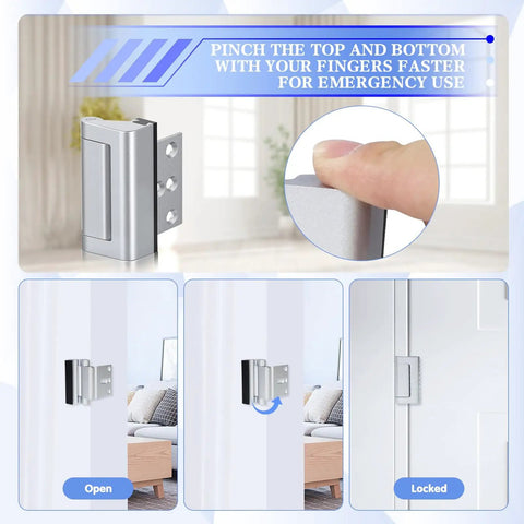 Child Safe Door Reinforcement Lock 2 Pack With 800 Pounds Of Force Heavy Duty Aluminum Inward Door Security Lock 3 Inch Stop With Protective Silicone Strips For Extra Kids Safety Silver showing installation and locking mechanism.
