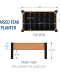 Diagram showing top and front views of Teak Wood Raised Garden Bed Planter Box With Galvanized Steel Legs And Mesh Liner For Outdoor Gardening.