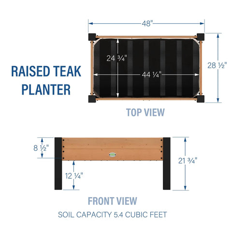 Diagram showing top and front views of Teak Wood Raised Garden Bed Planter Box With Galvanized Steel Legs And Mesh Liner For Outdoor Gardening.
