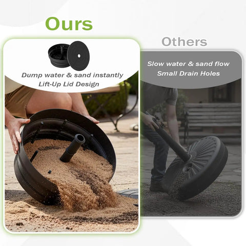 Comparison showing Beefy Heavy Duty Outdoor Umbrella Base foldable fillable with sand or water vs standard umbrella base