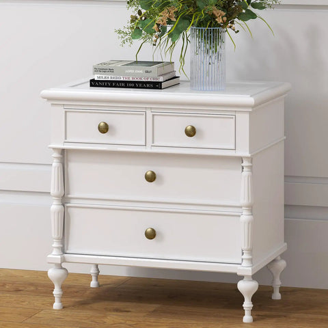 Top Tier Vintage Antique Brass Cabinet And Drawer Knobs 15 Pack Featuring Sweet Wineglass Contour and Heavy Duty Rust Shield on white nightstand.
