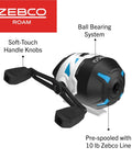 Roam Size 30 Spincast Fishing Reel With Pre Spooled 10 Pound Line Right Or Left Hand Retrieve Built To Last Beefy Stainless Front Cover No Tangle Design Dual Ceramic Pickup Blue