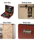 Combination of toolbox with tools, sliding door, barn door, and mounted 4 Piece 3 Inch Stainless Steel Chest Handles Foldable Pull Ring Handles.