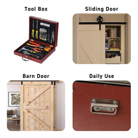 Combination of toolbox with tools, sliding door, barn door, and mounted 4 Piece 3 Inch Stainless Steel Chest Handles Foldable Pull Ring Handles.
