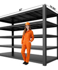 Heavy Duty 5 Tier Garage Shelving Unit Packing 5000 Lbs Metal Storage Rack Adjustable Industrial Workhorse Shelf next to a person for scale.