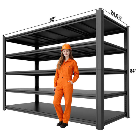 Heavy Duty 5 Tier Garage Shelving Unit Packing 5000 Lbs Metal Storage Rack Adjustable Industrial Workhorse Shelf next to a person for scale.