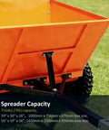 Close-up of 71 Gallon Tow Behind Sand And Salt Spreader For Snow And Ice Control, bright orange hopper detail and wheel assembly.