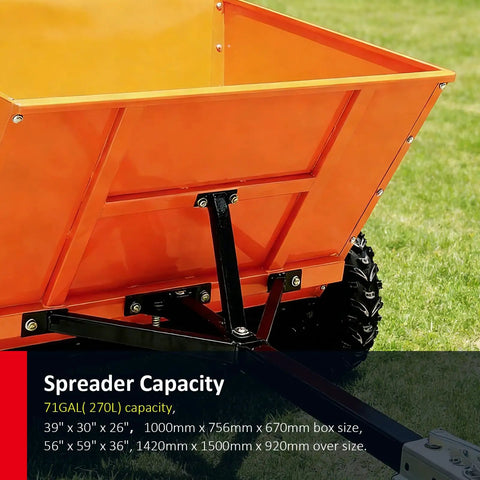 Close-up of 71 Gallon Tow Behind Sand And Salt Spreader For Snow And Ice Control, bright orange hopper detail and wheel assembly.