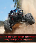 4Pcs Front And Rear RC Car Shocks Damper Assembly Set For 1 By 10 Scale RC Trucks 2WD And 4X4 Fits Slash Rustler Stampede Hoss VXL Black Red Replacement Parts Built To Last on a jumping RC truck