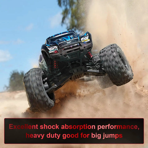 4Pcs Front And Rear RC Car Shocks Damper Assembly Set For 1 By 10 Scale RC Trucks 2WD And 4X4 Fits Slash Rustler Stampede Hoss VXL Black Red Replacement Parts Built To Last on a jumping RC truck
