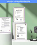 12V Massager Charger Power Cord 2A DC Power Adapter with multiple safety certifications displayed beside certificates