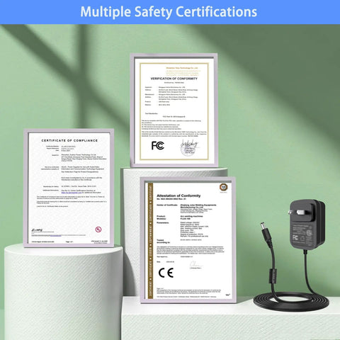 12V Massager Charger Power Cord 2A DC Power Adapter with multiple safety certifications displayed beside certificates