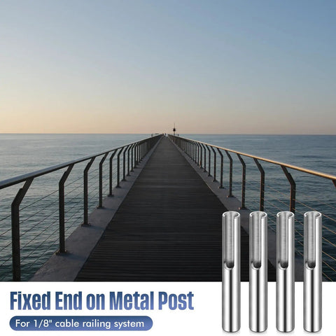 50 Pack 316 Marine Grade Stainless Steel Invisible Cable Railing Kit For 1/8 Inch Rope attached to metal posts on a deck.