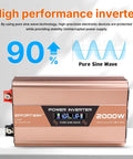 2000 Watt Pure Sine Wave Power Inverter 4000 Watt Peak Converter showing front view with LCD display and copper finish.