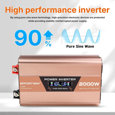 2000 Watt Pure Sine Wave Power Inverter 4000 Watt Peak Converter showing front view with LCD display and copper finish.