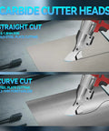 Carbide cutter heads for Heavy Hitter Brushless Cordless Metal Shear Fits Milwaukee 18V Battery, showing straight and curve cut options.